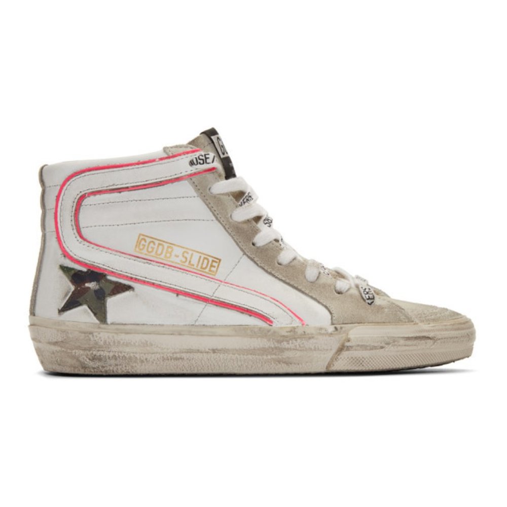 Golden Goose White and Pink Camo Slide Sneakers